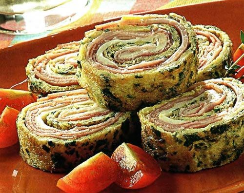 Омлетные рулетики с ветчиной и грибами