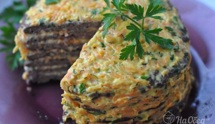 Печеночный торт с грибами